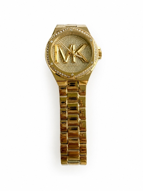 BRAND NEW Michael Kors Lennox Pavé Logo Gold-Tone Logo Watch MK7229